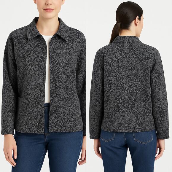 Croft & Barrow Jacket Women XL Black Gray Jacquard Button Front Pockets Casual - Picture 1 of 8